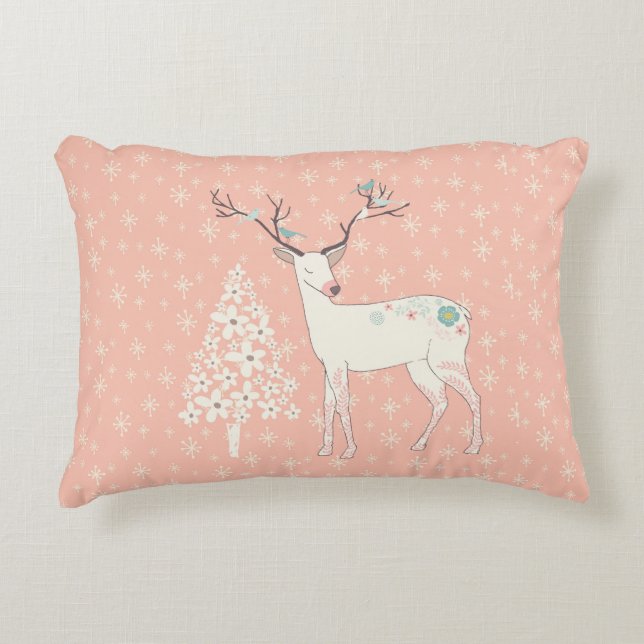Beautiful Reindeer and Snowflakes Pink Accent Pillow (Front)