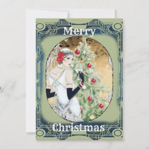 Beautiful Retro Lady and Christmas Tree  Holiday Card