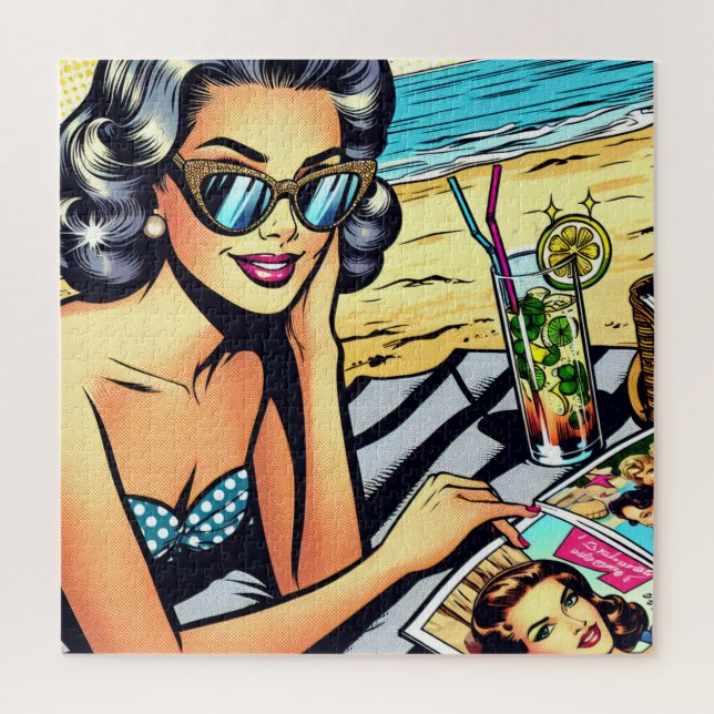 Beautiful Retro Lady at the Beach with Cocktail Jigsaw Puzzle (Vertical)