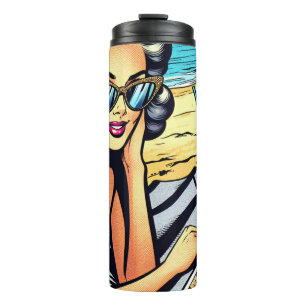 Beautiful Retro Lady at the Beach with Cocktail Thermal Tumbler