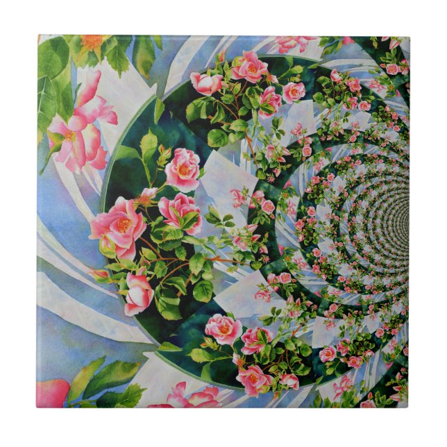 Beautiful retro pink red roses watercolor floral tile (Front)
