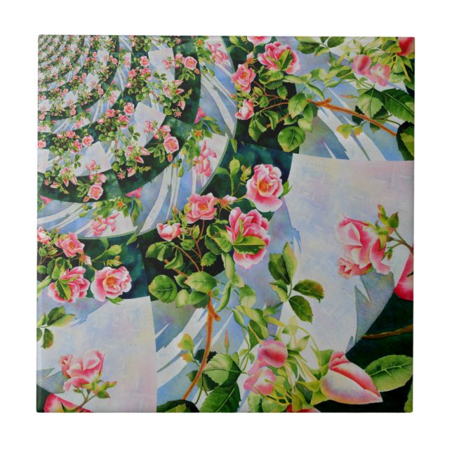 Beautiful retro pink red roses watercolor floral tile (Front)