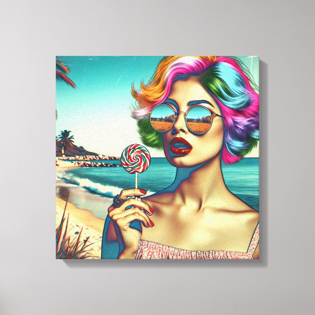 Beautiful Retro Pop Art Woman with Lollipop Canvas Print (Front)
