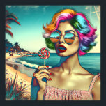 Beautiful Retro Pop Art Woman with Lollipop Poster<br><div class="desc">Retro style woman in sunglasses with colourful hair and a lollipop with a beach background in psychedelic colours.</div>