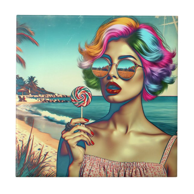Beautiful Retro Pop Art Woman with Lollipop Tile (Front)