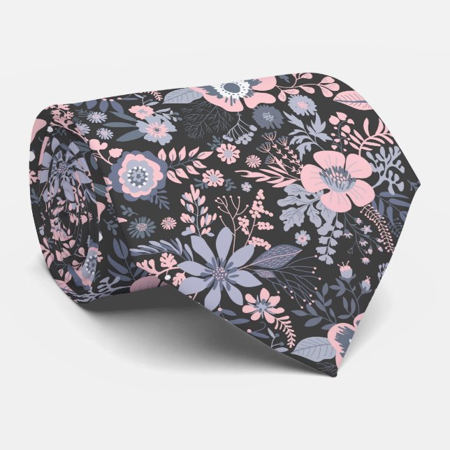 Beautiful retro style blue pastel floral pattern tie (Rolled)