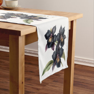 Beautiful retro watercolor black orchids short table runner