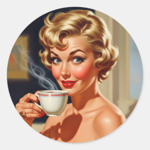 Beautiful Retro Woman with a cup of coffee Classic Round Sticker