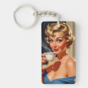 Beautiful Retro Woman with a cup of coffee Keychain
