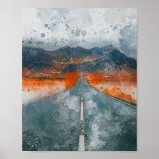 beautiful road with mountains landscape painting poster