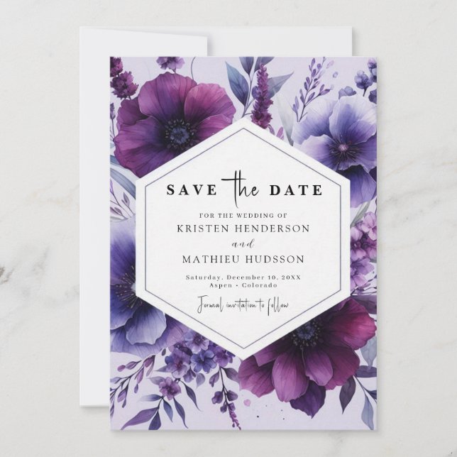 Beautiful Romance Purple Floral Wedding Save The Date (Front)