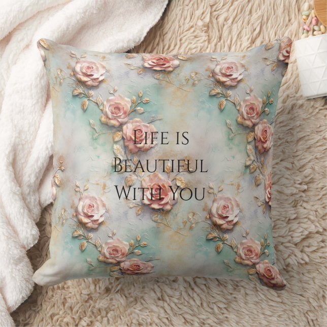 Beautiful Romantic Blush Pink Romantic Roses Throw Pillow (Blanket)