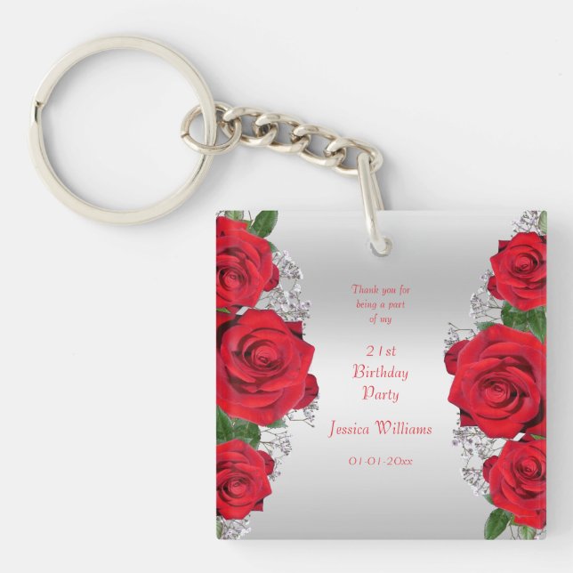 Beautiful Romantic Red Roses Birthday Keychain (Front)