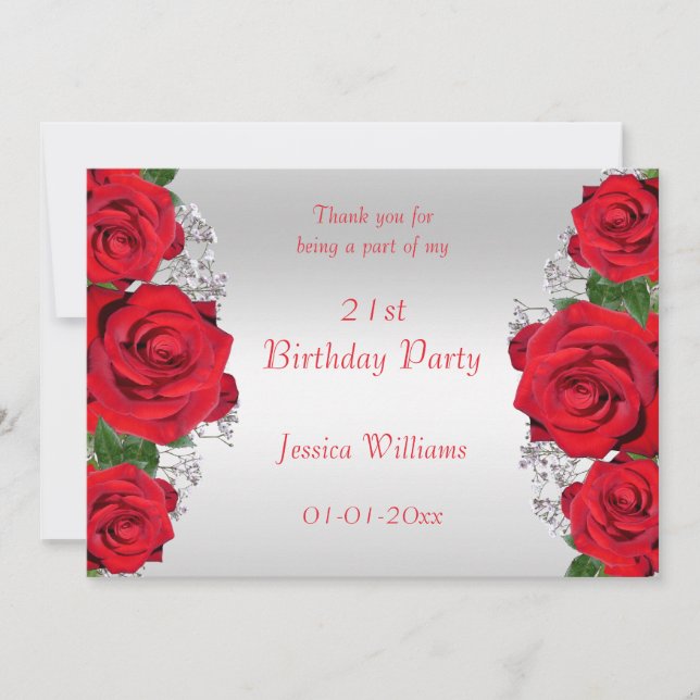 Beautiful Romantic Red Roses Birthday Thank You Card (Front)