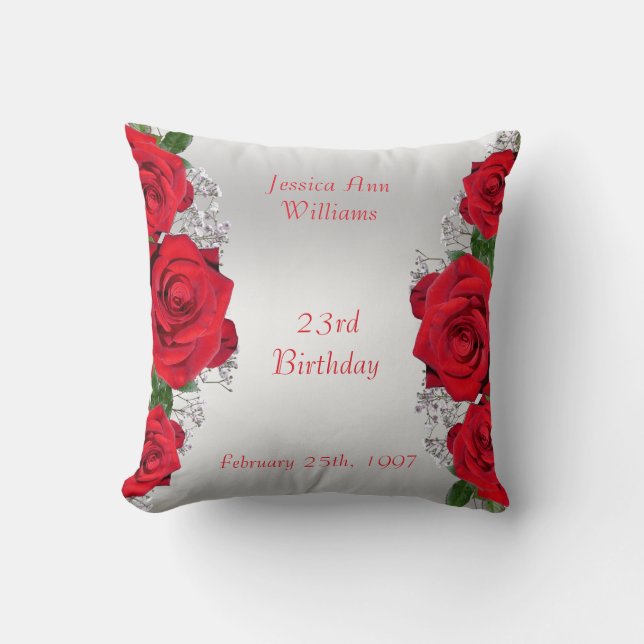 Beautiful Romantic Red Roses Birthday Throw Pillow (Front)