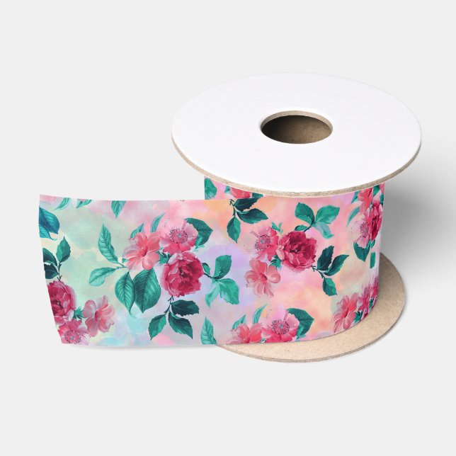 Beautiful romantic watercolor roses floral pattern satin ribbon (Spool)