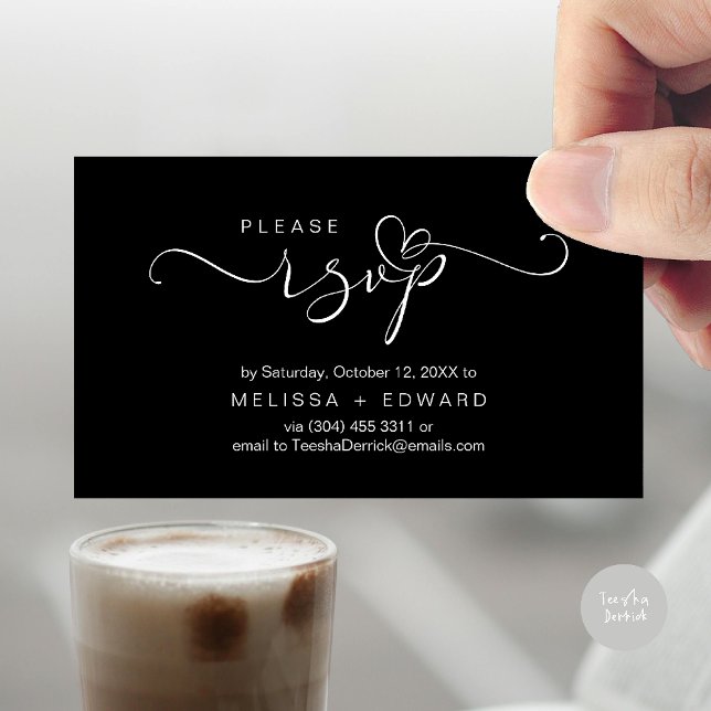 Beautiful Romantic Wedding Invites RSVP Card (Wedding invitation RSVP via Phone or email respond reminder Enclosure Card in aesthetic Black White)