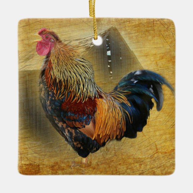 Beautiful Rooster and Rustic Barn Chicken Coop Ceramic Ornament (Front)