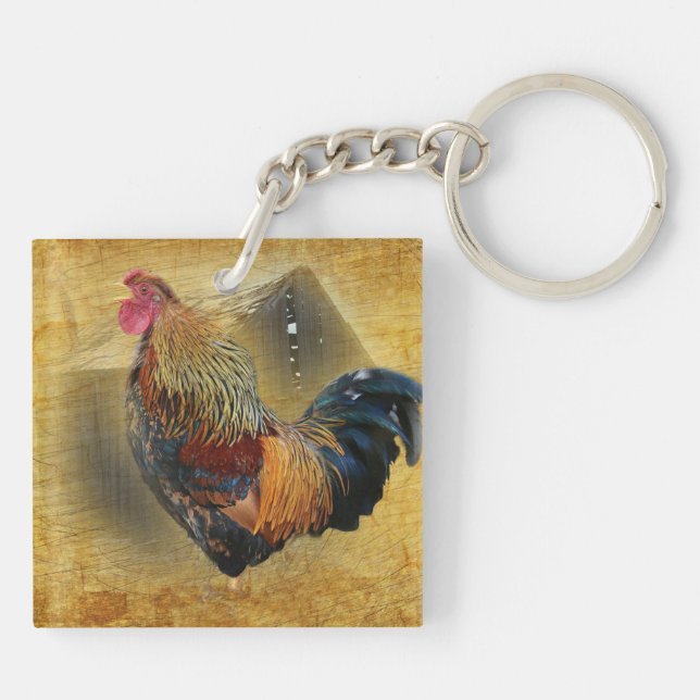 Beautiful Rooster and Rustic Barn Chicken Coop Keychain (Back)