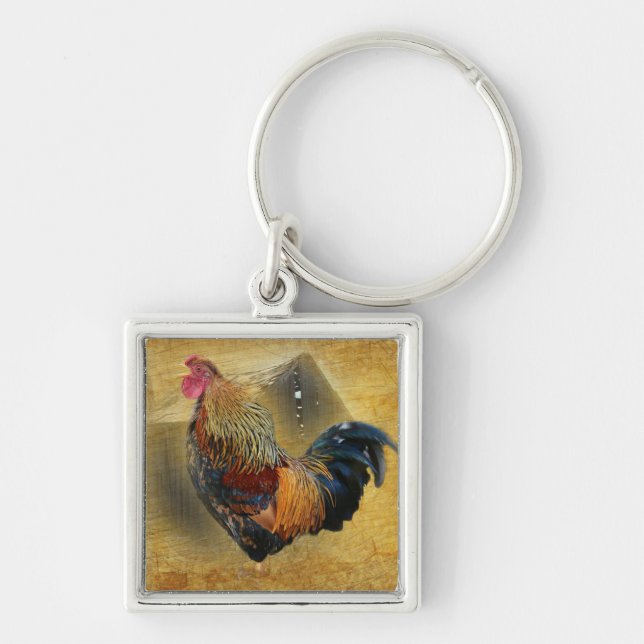 Beautiful Rooster and Rustic Barn Chicken Coop Keychain (Front)