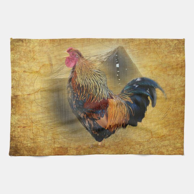 Beautiful Rooster and Rustic Barn Chicken Coop Kitchen Towel (Horizontal)