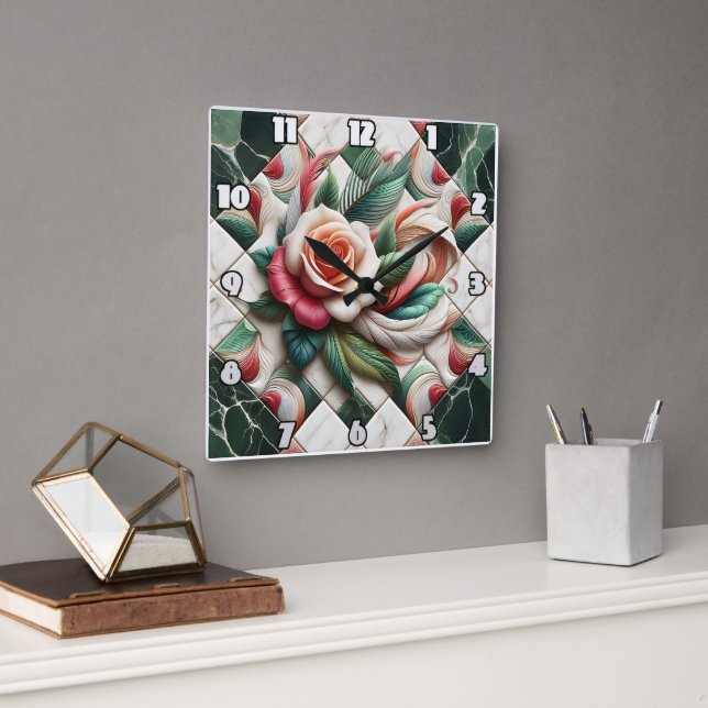 Beautiful Rose Mosaic Art With Colourful Leaves Square Wall Clock (Office)