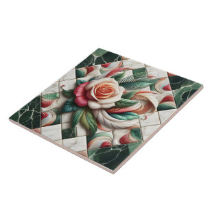 Beautiful Rose Mosaic Art With Colourful Leaves Tile