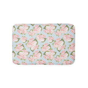 Beautiful rose pattern with blue polka dots bath mat