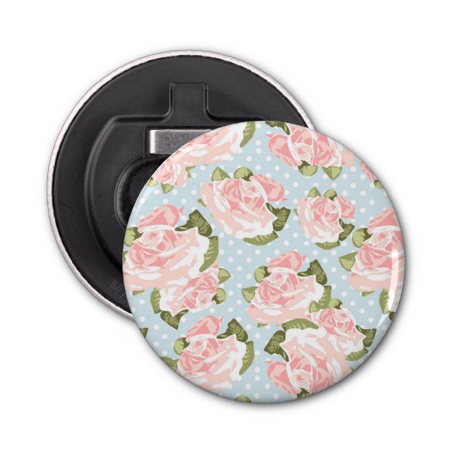Beautiful rose pattern with blue polka dots bottle opener (Front)