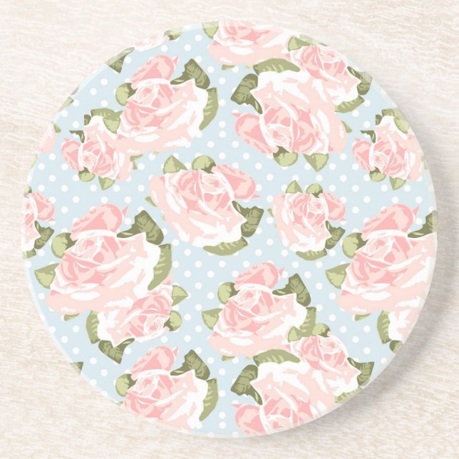 Beautiful rose pattern with blue polka dots coaster (Front)