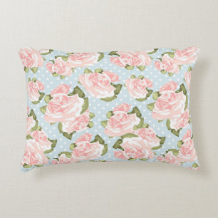 Beautiful rose pattern with blue polka dots decorative pillow