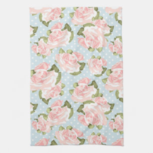 Beautiful rose pattern with blue polka dots kitchen towel