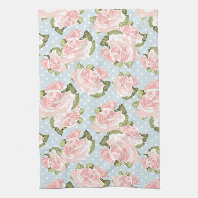 Beautiful rose pattern with blue polka dots kitchen towel (Vertical)