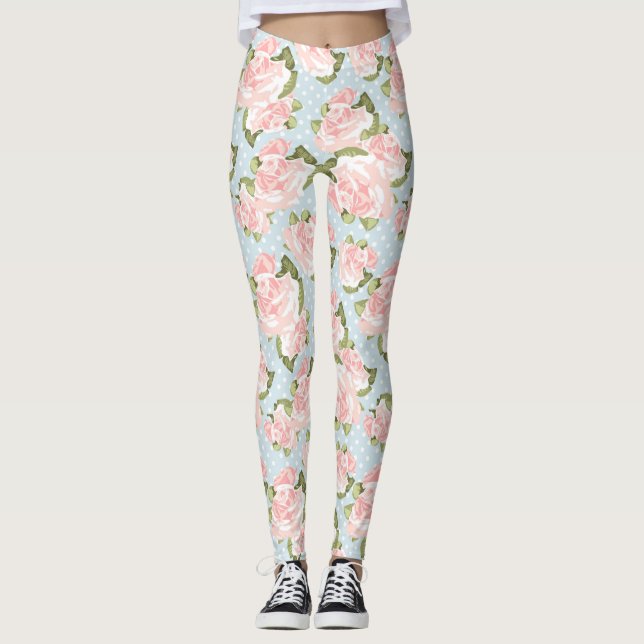 Beautiful rose pattern with blue polka dots leggings (Front)