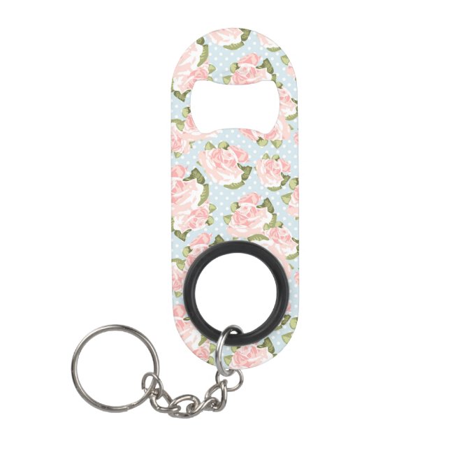 Beautiful rose pattern with blue polka dots mini bottle opener (Front)