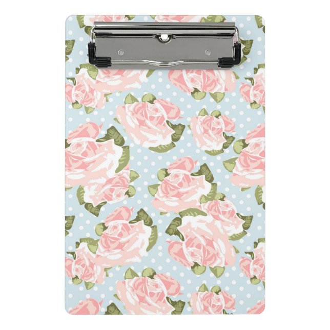 Beautiful rose pattern with blue polka dots mini clipboard (Front)