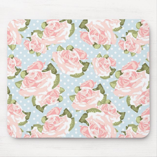 Beautiful rose pattern with blue polka dots mouse pad (Front)