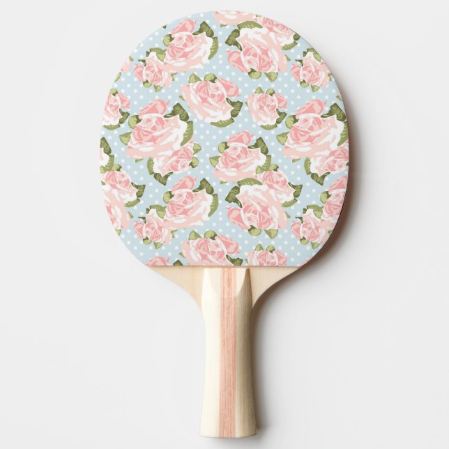 Beautiful rose pattern with blue polka dots ping pong paddle (Front)