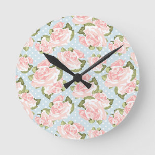 Beautiful rose pattern with blue polka dots round clock