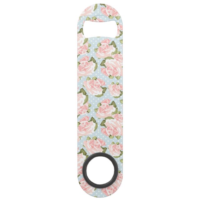 Beautiful rose pattern with blue polka dots speed bottle opener (Front)