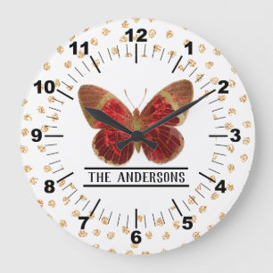 Beautiful Rose Red & Gold Butterfly Large Clock
