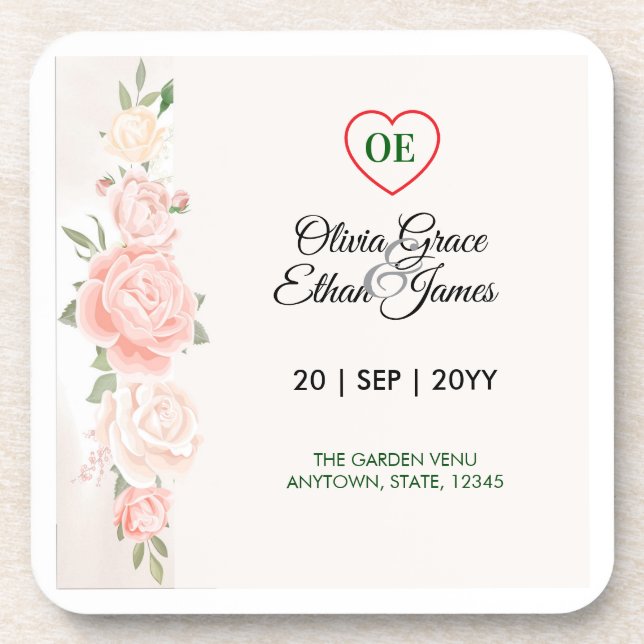 Beautiful Roses Floral Wedding  Coaster (Front)