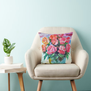 beautiful roses in a vase throw pillow