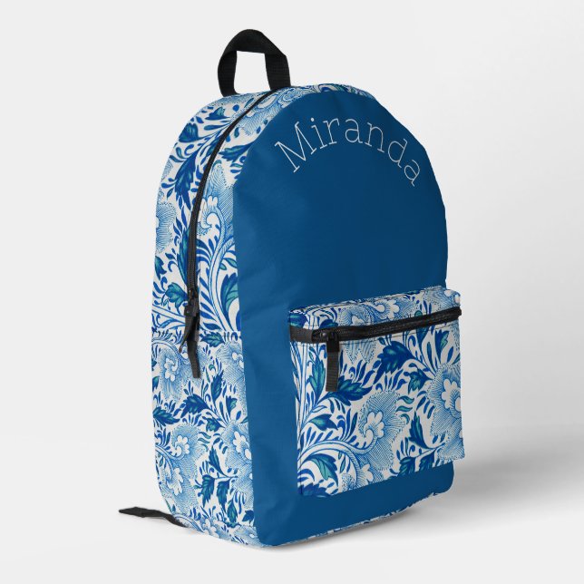 Beautiful Royal Blue and White Floral Monogrammed Printed Backpack (Back Corner Left)