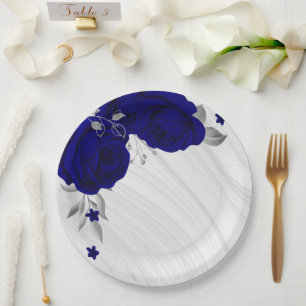 Beautiful royal blue flowers silver grey marble paper plate