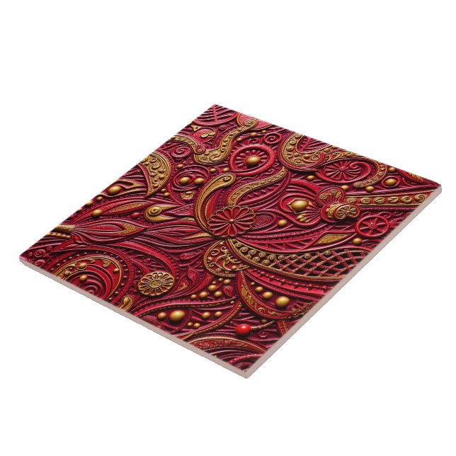 Beautiful Ruby Red & Gold Floral Abstract Tile (Side)