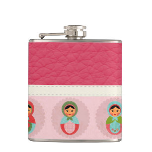Beautiful Russian Nesting Dolls on Leather Hip Flask