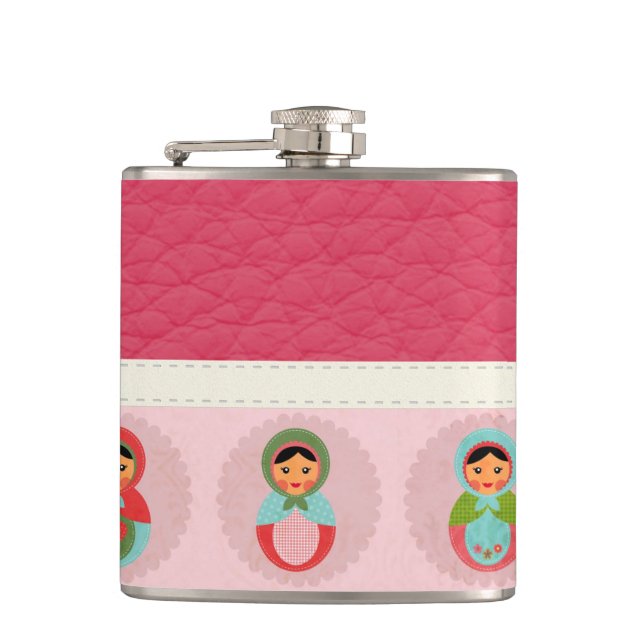Beautiful Russian Nesting Dolls on Leather Hip Flask (Front)