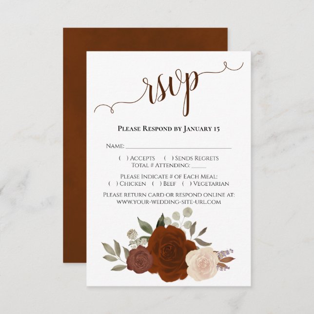 Beautiful Rust Orange Watercolor Roses Wedding RSVP Card (Front/Back)