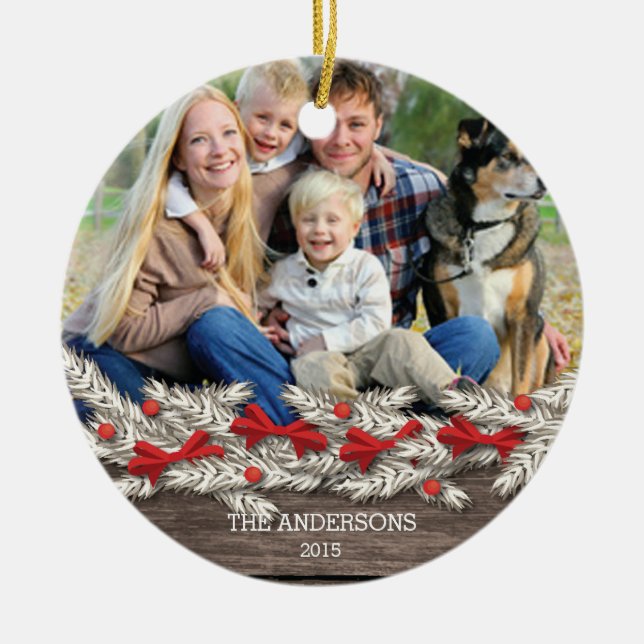 Beautiful Rustic Family Photo Christmas Ceramic Ornament (Front)